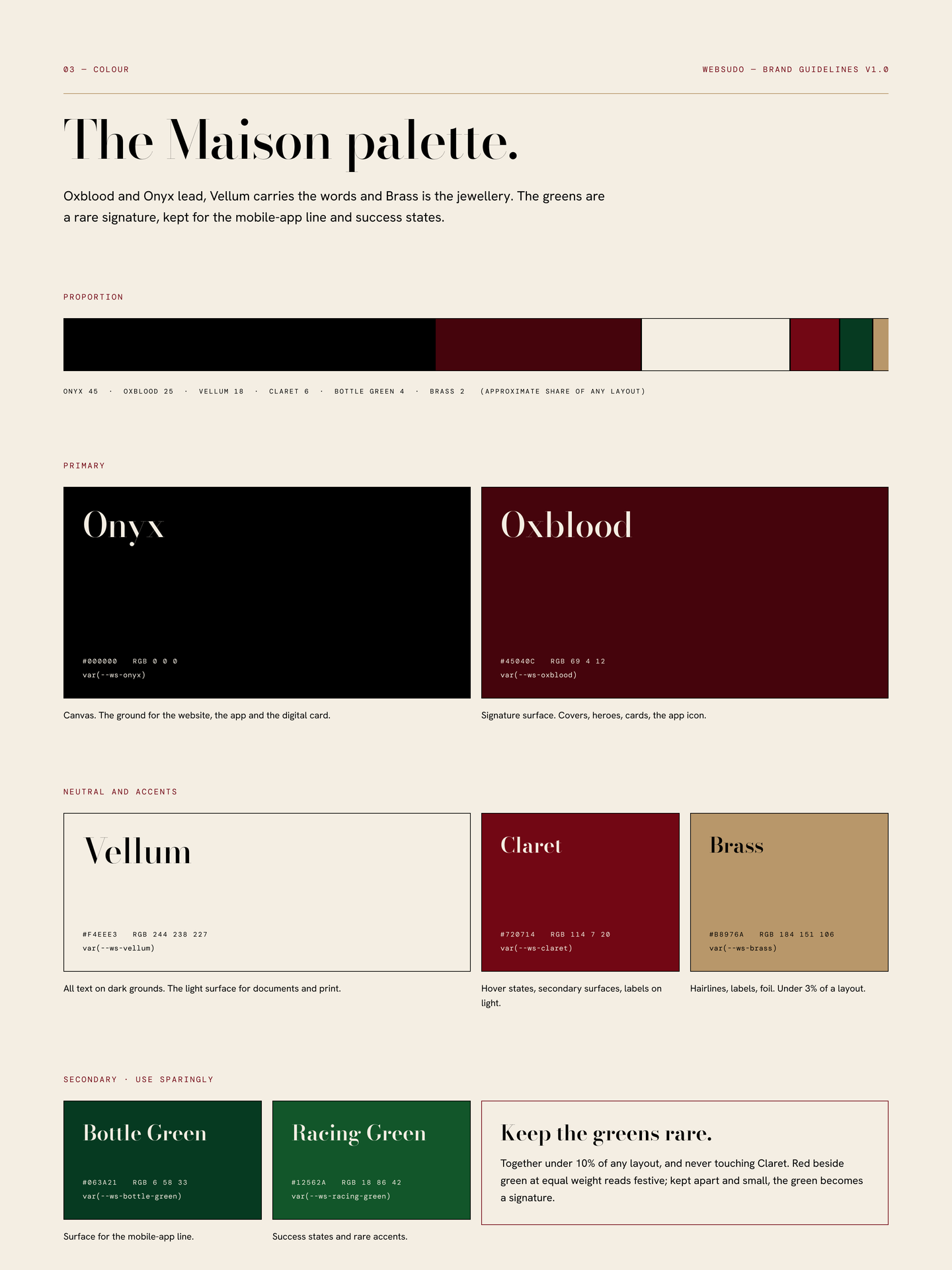 The colour page of the websudo brand guidelines: oxblood, onyx, vellum, claret and brass.